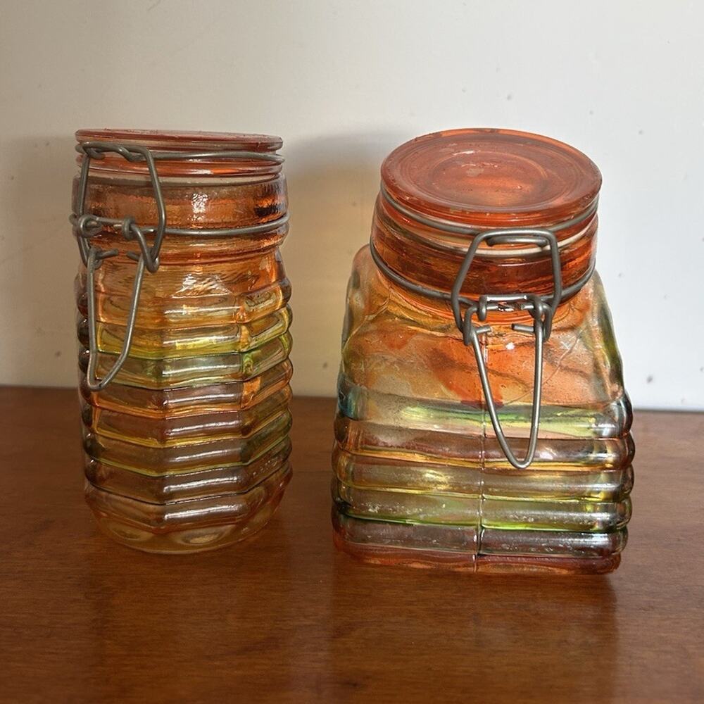 Set of 2 Ribbed Square Orange/Yellow Glass Clamp Lid Jars 4 3/4” & 4.5”